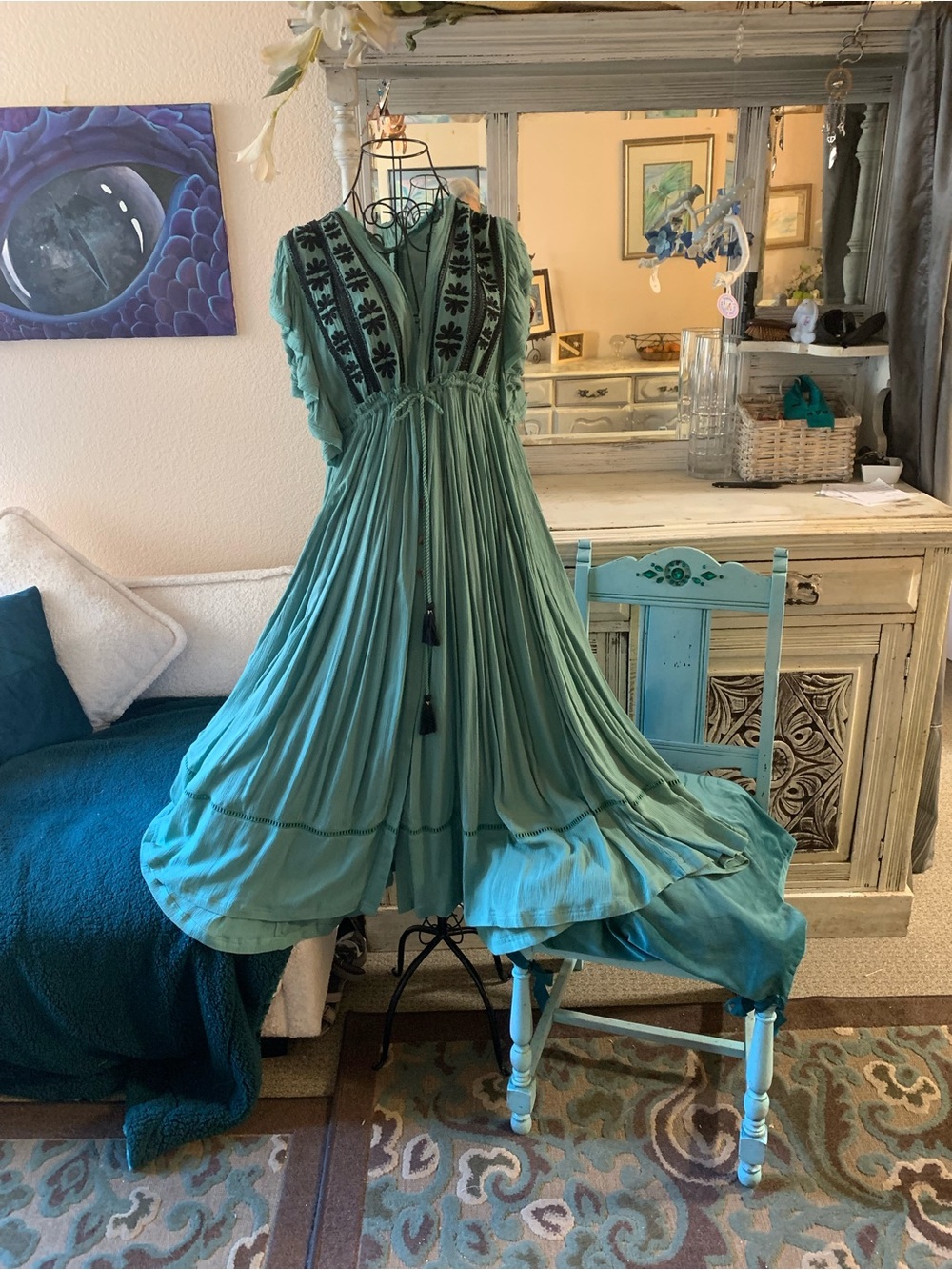 Free People Teal Tiered Tassel Maxi Dress